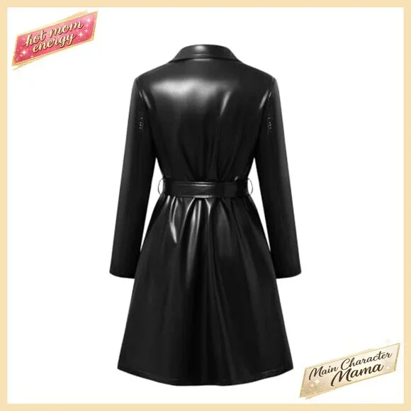 Faux Leather Trench Coat with Belt Long Sleeve Motorcycle Biker Jacket